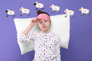 Insomnia. Girl with pillow and blindfold counting to fall asleep on purple background....