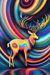 Psychedelic painting of a deer standing in front 
