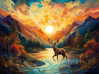 3d abstraction modern wall art decor wallpaper with blue and golden deer animals with sunset mountain and trees illustration background generative ai