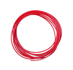 Red plastic filament for 3D pen on white background, top view