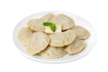 Fototapeta na wymiar Delicious dumplings (varenyky) with tasty filling and butter isolated on white