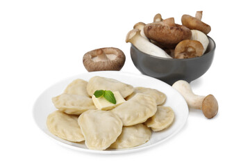 Delicious dumplings (varenyky) with mushrooms and butter isolated on white