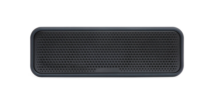 One black portable bluetooth speaker isolated on white. Audio equipment