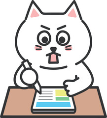 Shocked cartoon white cat, contrary to expectations on the test with a tablet PC. Vector illustration.