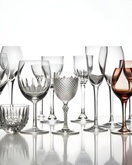 Many different glasses on white background. Ai generative