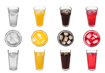 Collage of tasty refreshing soda drinks with ice cubes on white background, top and side views