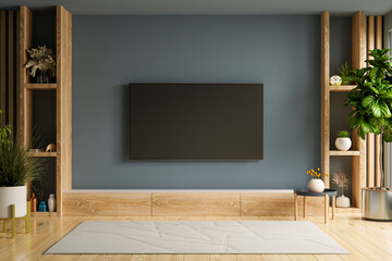 Tv and cabinet in modern empty room on empty dark wall background.