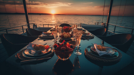 Naklejka premium AI generated concept of a dinner on a yacht at in island in greece