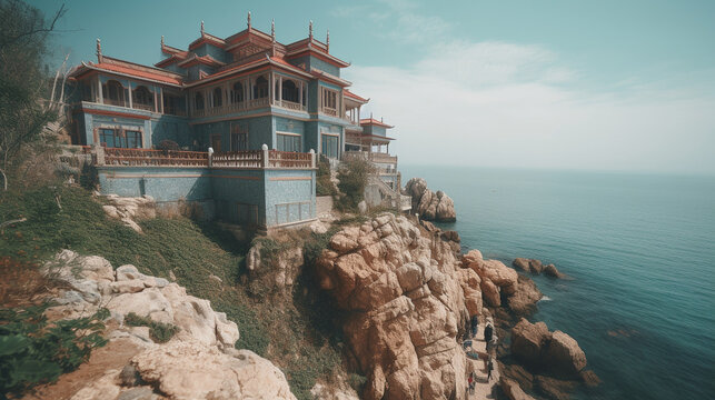 Concept of an ai generated house at a cliff in oriental style
