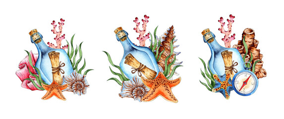 Watercolor illustration set of bottle with message, algae, coral, starfish and compass. Tropical marine clipart. Composition for the design of souvenirs, postcards, posters, banners, menus, labels