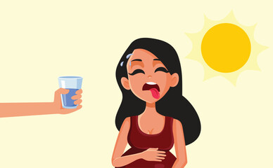 Pregnant Woman Feeling Thirsty During Hot Summer Days Vector Illustration. Mother to be suffering consequences from heatstroke in extreme weather 
