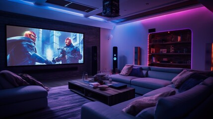 Colored LED lighting home cinema living room interior - obrazy, fototapety, plakaty