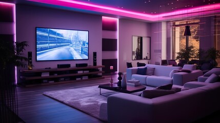 Colored LED lighting home cinema living room interior