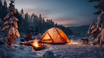 Fotobehang A camp offers warmth and comfort in the winter. A snow-covered tent glows with inviting light, while a vibrant bonfire dances brightly. Generative AI © Vagner Castro