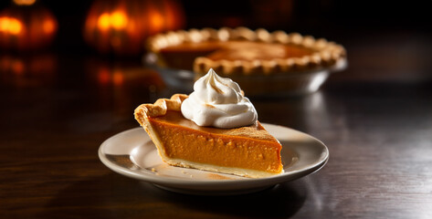 Autumn Indulgence: Scrumptious Pumpkin Pie Slice Topped with Whipped Cream for Ultimate Dessert Bliss.