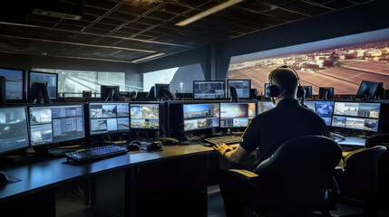 Fototapeta premium A control room central monitor with multiple monitors