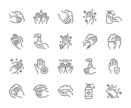 Wash hand line icons set vector illustration. editable stroke