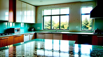 A Kitchen Setting with a White Display Counter with window in background  - AI-Generated