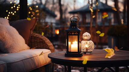 Fototapeta na wymiar evening winter terrace outside ,blurred lantern c andle light, soft sofa ,cozy atmosfear Christmas decorated illuminated decoration