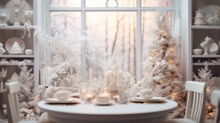 Fantastic Shot of some Decorations on the Top of a White Desk and as a Background a Huge Window with the Snow Everywhere!