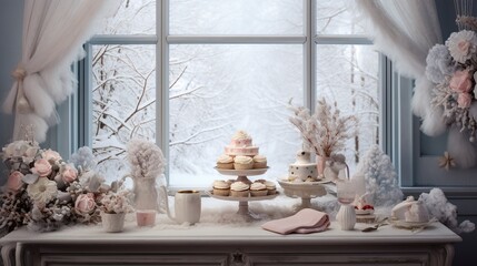 Fantastic Shot of some Decorations on the Top of a White Desk and as a Background a Huge Window with the Snow Everywhere!