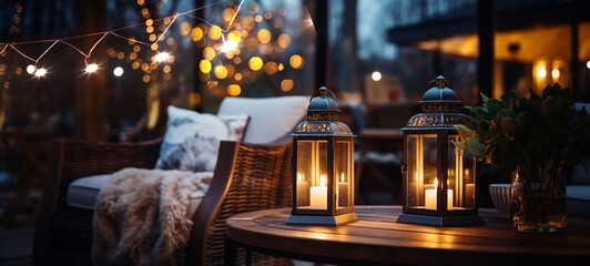 Fototapeta na wymiar evening winter terrace outside ,blurred lantern c andle light, soft sofa ,cozy atmosfear Christmas decorated illuminated decoration
