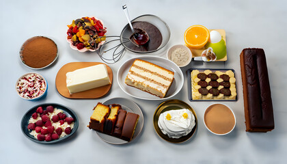 chocolate cake in a box,showcasing all ingredients needed, A knolling display of all components needed for a delicious layer cake
