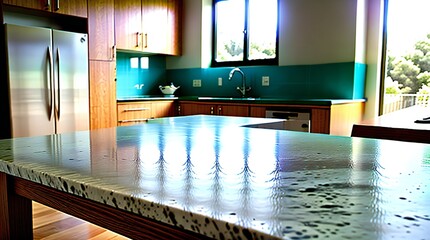 A Kitchen Setting with a White Display Counter with sink and window in background  - AI-Generated