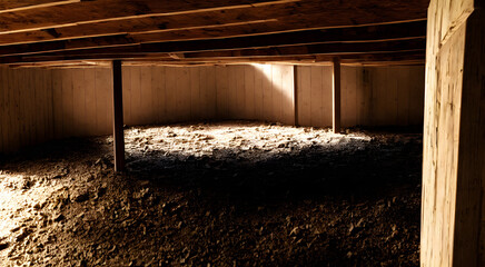 Dirt crawl space under house with wood beams and ceiling frames