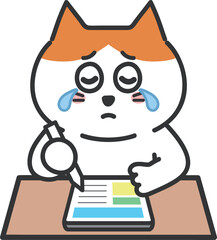Tabby cartoon cat shed tears with tablet PC, vector illustration.