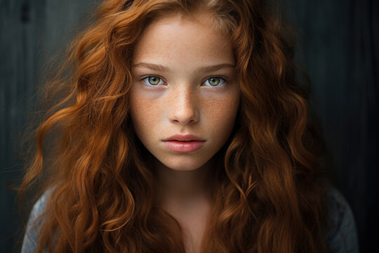 Girl With Long Curly Red Hair, Green Eyes