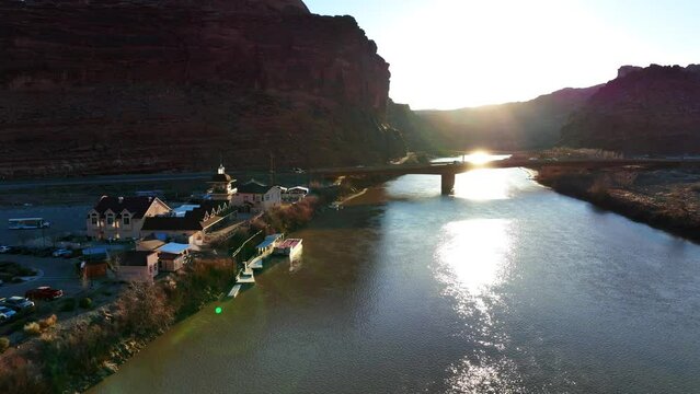Moab, Utah, where the landscape has been carved by the Colorado River Erosion, looking at the Bridge Crossing the Colorado River