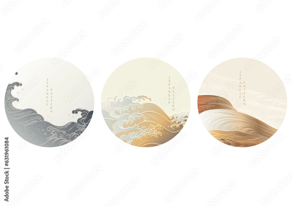 Wall mural Japanese background with hand drawn wave in vintage style. Art landscape and ocean sea banner design.