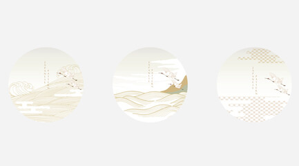 Japanese template with hand drawn wave vector. Oriental template with abstract background in vintage style. Crane birds decoration.