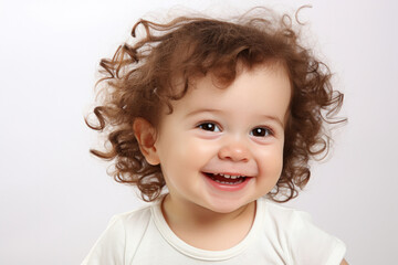 Naklejka premium Closeup photo of a cute little baby girl child smile and laugh isolated on white background