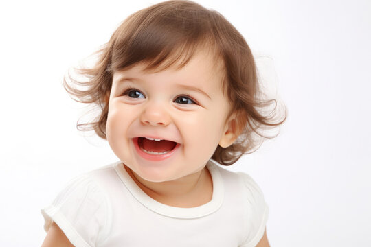 Closeup photo of a cute little baby girl child smile and laugh isolated on white background