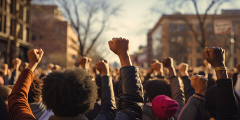 Fototapeta na wymiar Black women march together in protest. Arms and fists raised in the for activism in the community