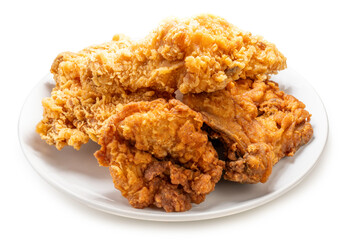 Fried chicken drumsticks on white, Fried chicken in paper plate isolated on white background.