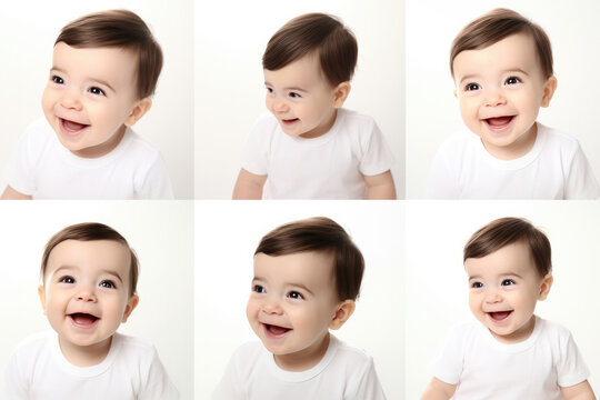 Set of Closeup photo of a cute little baby boy child a smile and laughing isolated on white background