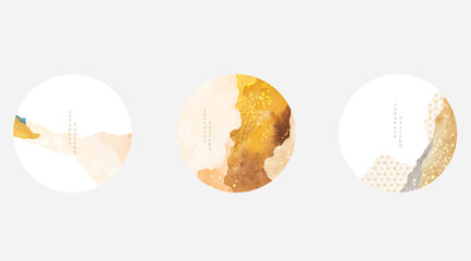 Japanese background with watercolor texture vector. Abstract art template with geometric pattern. Mountain layout design in oriental style. Yellow and gold circle shape banner.