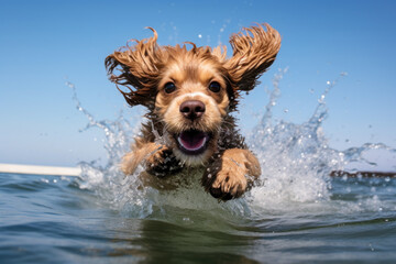 A dog swimming in the ocean. The dog is a golden retriever with wet fur, swimming towards the camera with its mouth open, water splashing