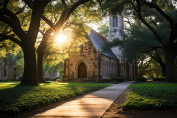 A beautiful church in a park, made of stone and has a tall steeple with a cross on top. It is surrounded by large trees with green leaves, dappled light effect on the grass