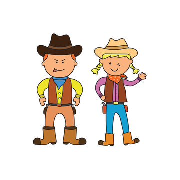 Kids drawing Cartoon Vector illustration cowboy and cowgirl characters icon Isolated on White Background