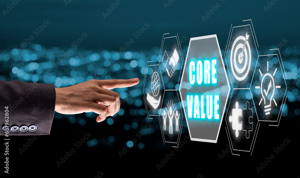Poster core values, corporate values concept, businessman hand touching core values icon on virtual screen.
