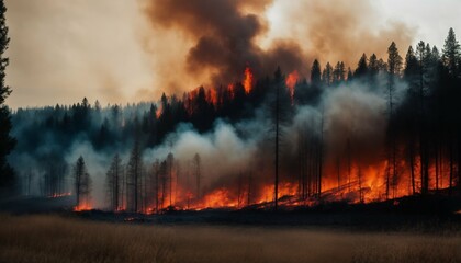 Forest fire with trees on fire