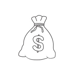 Hand drawn Kids drawing Cartoon Vector illustration money bag with dolars icon Isolated on White Background