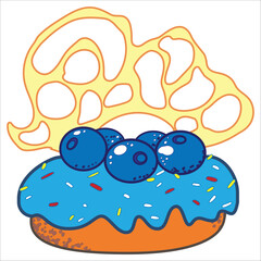 Donut cake with blue blueberry and blueberry icing and caramel decoration. Vector illustration