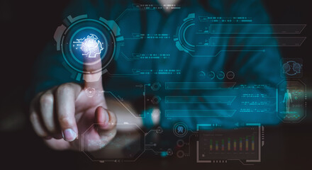 Hand pushing a button on a touch screen of program machine learning and Artificial Intelligence (AI) program, Design auto AI, New Technology.