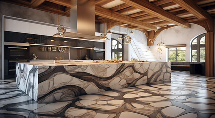 Obraz na płótnie Canvas modern design with a modern marble island in the dining kitchen generativa IA
