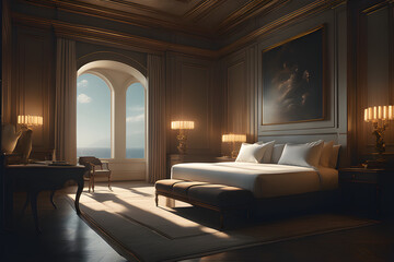 Fototapeta premium room with a bed, Generative AI